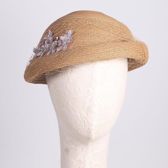 2553 Women\'s Elegant Khaki Straw Beret Hat With Veil- Fascinator